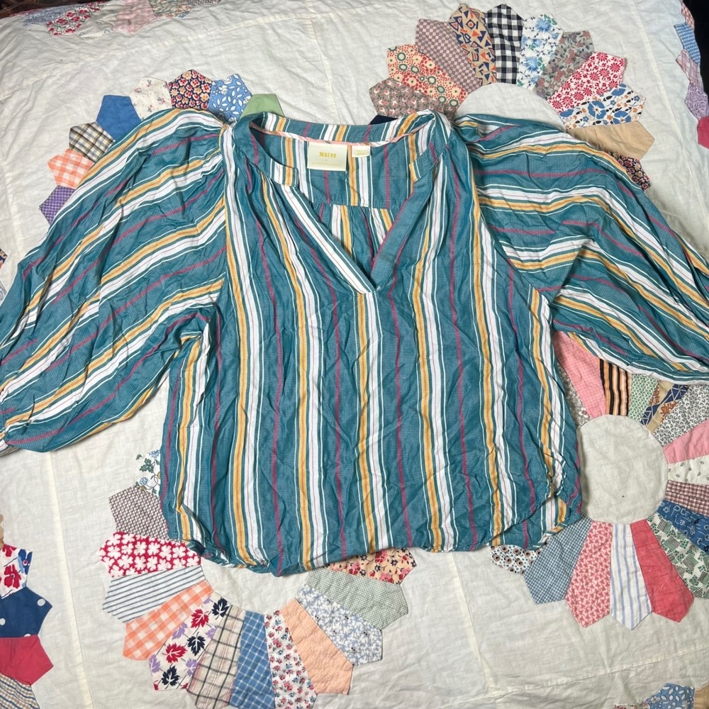 Maeve Anthropologie Womens Small Teal Striped V-Neck Puff Sleeve Rayon‎ Blouse